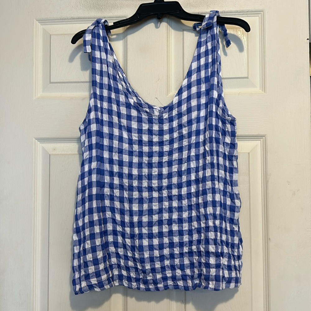 Jane and Delancey Blue and White Checkered Top With Shoulder Ties Size Medium